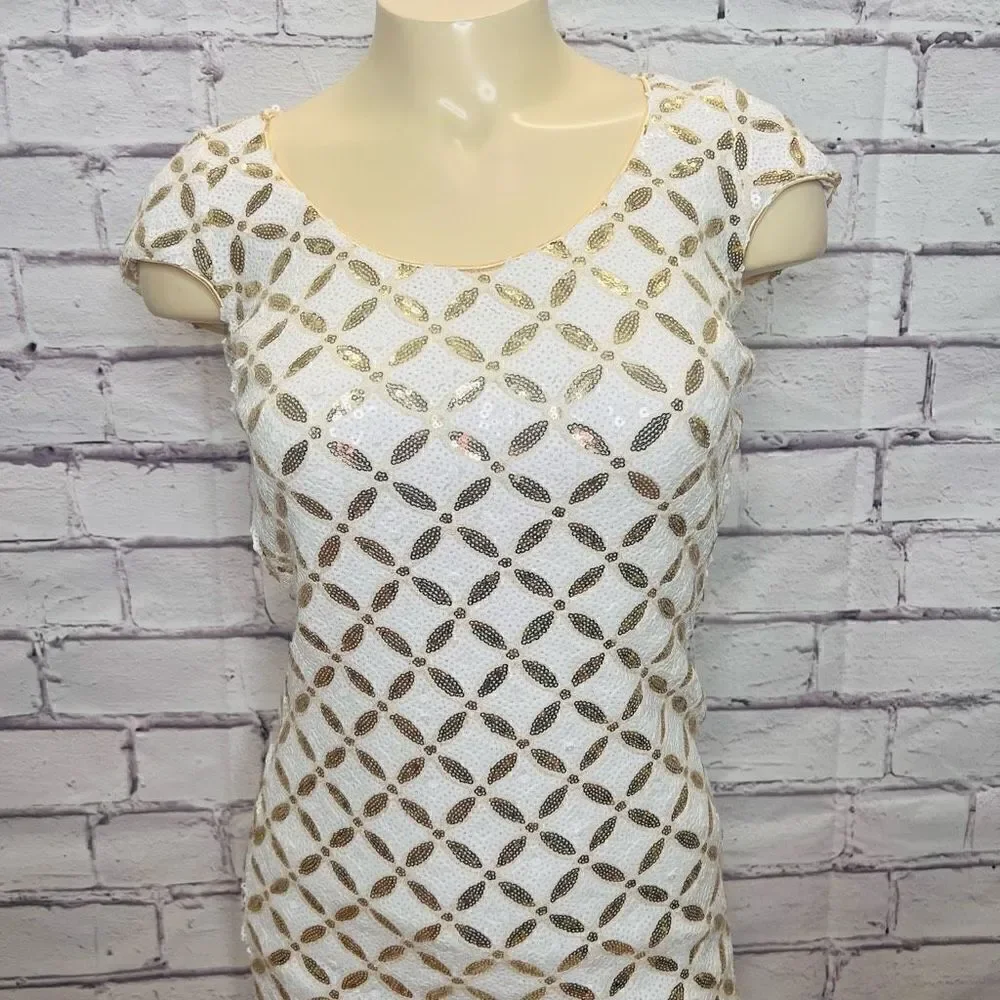 Dress The Population Women's White Lined Sequin Gabriela Mini Dress Size XS